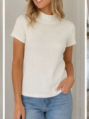 Women's Cream Short-Sleeve Mock Neck Top Quiet Luxury Rich Girl Scalloped
